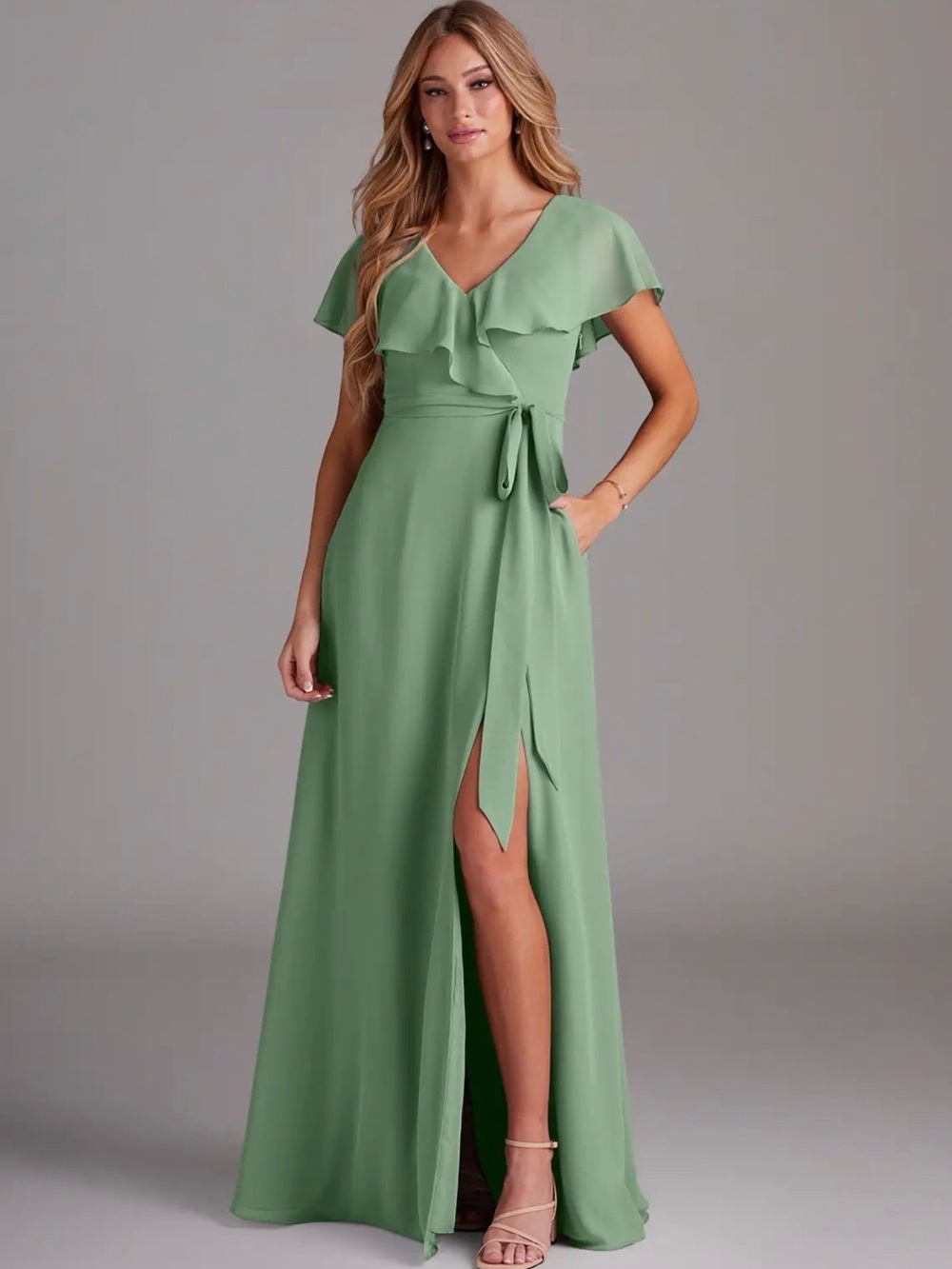Azazie Lainey bridesmaid dress chiffon matcha green